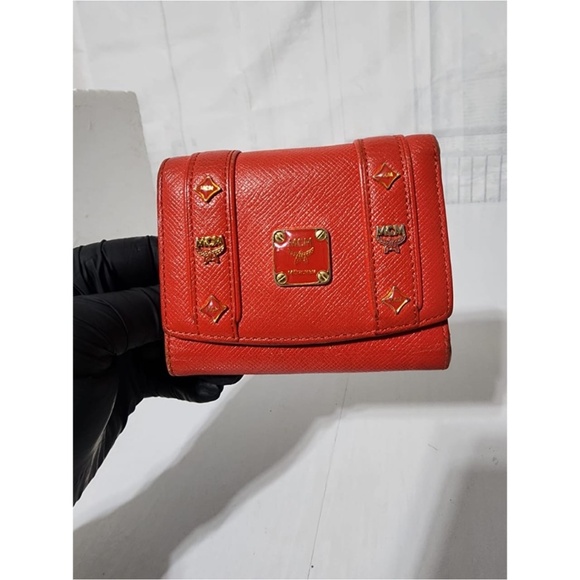 Authentic MCM Vintage Leather Studded Trifold Wallet Red - Picture 1 of 14